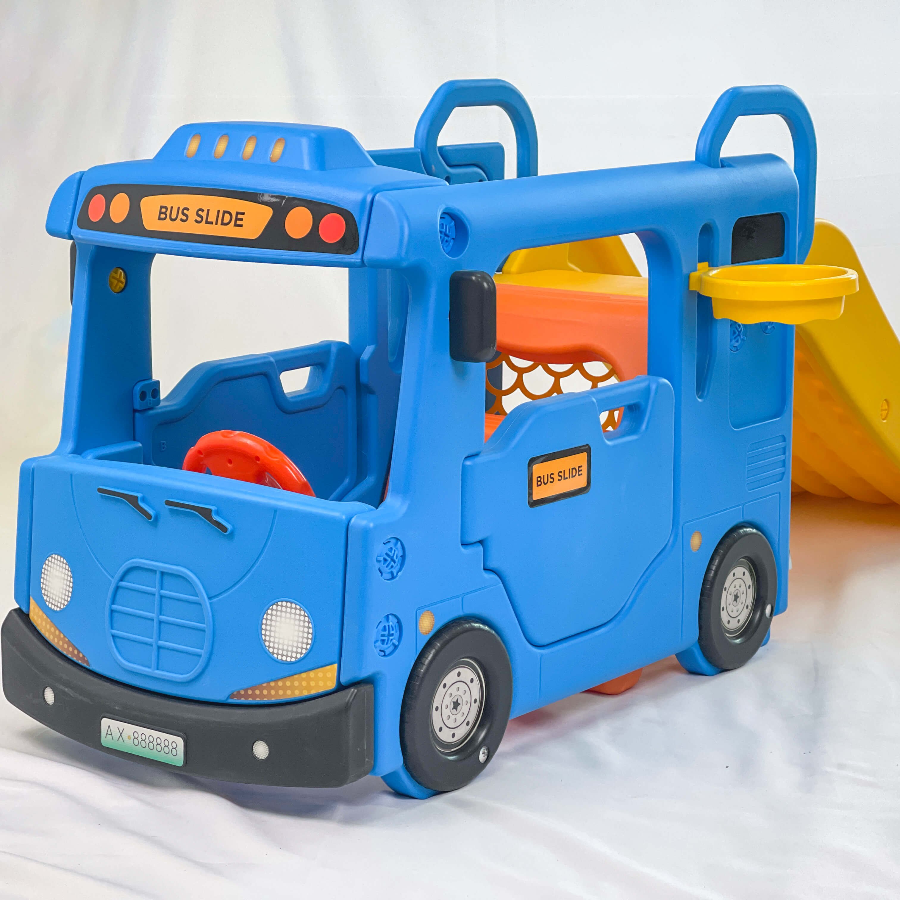 6-IN-1 Kids School Bus & Folding Slide & Basketball Hoop & Golf & Play Wheel & Music Box